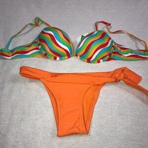 Recco Brazilian Striped Underwire Bikini Top & Orange Side Tie Bikini Bottom.New